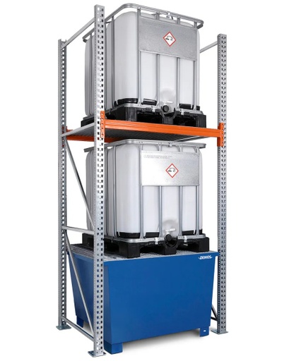 [305414] Paletni regali za nevarne snovi, osnovni del, 2 skladiščni nivoji, barvan pladenj za zadrževanje razlitij, 1600 x 1300 x 3300 mm